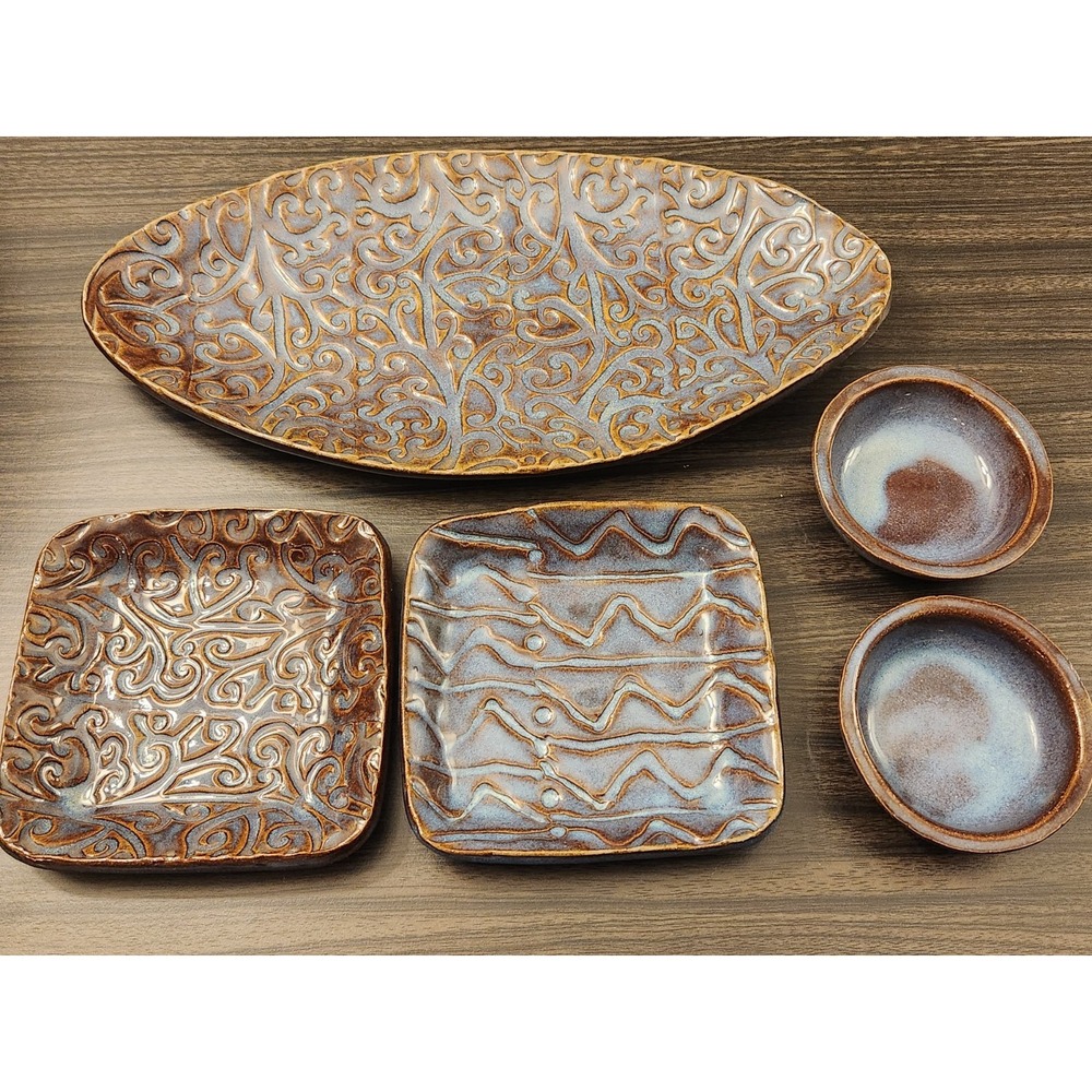 Kent Follette Signed Set Sushi Platter, Trays & Bowls Japanese Design Blue Green